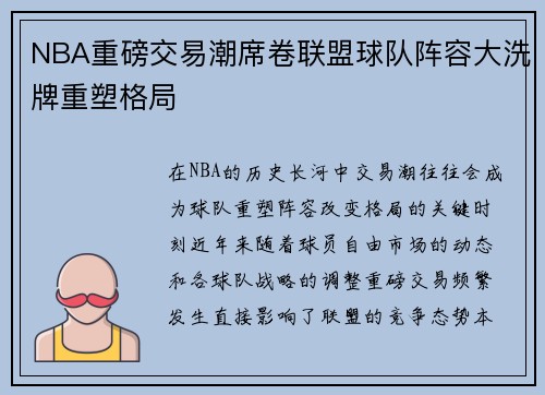 NBA重磅交易潮席卷联盟球队阵容大洗牌重塑格局