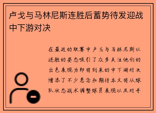 卢戈与马林尼斯连胜后蓄势待发迎战中下游对决