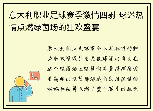 意大利职业足球赛季激情四射 球迷热情点燃绿茵场的狂欢盛宴