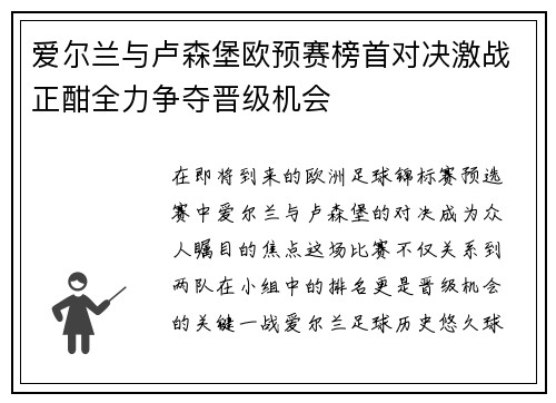 爱尔兰与卢森堡欧预赛榜首对决激战正酣全力争夺晋级机会