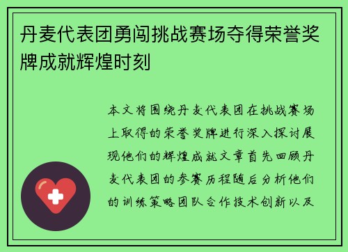 丹麦代表团勇闯挑战赛场夺得荣誉奖牌成就辉煌时刻