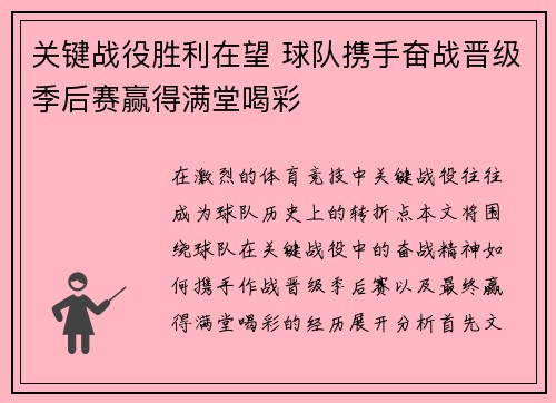 关键战役胜利在望 球队携手奋战晋级季后赛赢得满堂喝彩