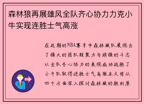 森林狼再展雄风全队齐心协力力克小牛实现连胜士气高涨