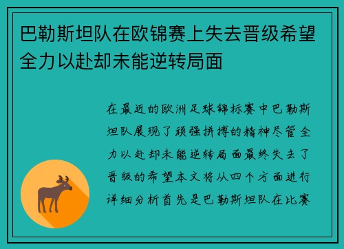 巴勒斯坦队在欧锦赛上失去晋级希望全力以赴却未能逆转局面