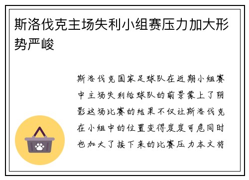 斯洛伐克主场失利小组赛压力加大形势严峻