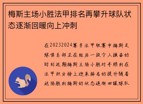 梅斯主场小胜法甲排名再攀升球队状态逐渐回暖向上冲刺