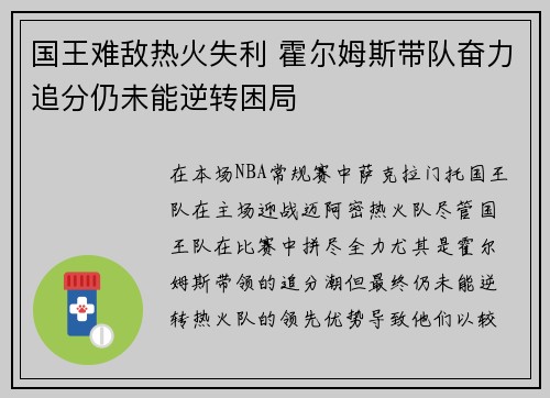 国王难敌热火失利 霍尔姆斯带队奋力追分仍未能逆转困局