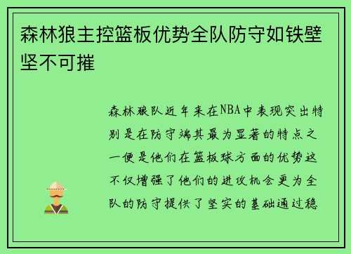 森林狼主控篮板优势全队防守如铁壁坚不可摧