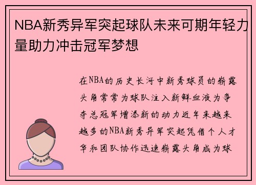 NBA新秀异军突起球队未来可期年轻力量助力冲击冠军梦想