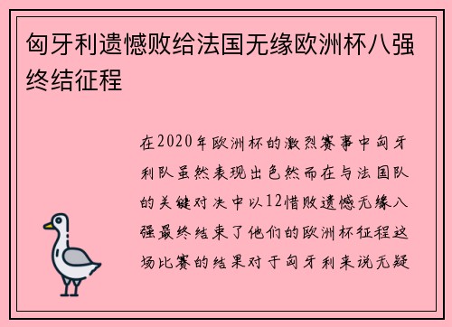 匈牙利遗憾败给法国无缘欧洲杯八强终结征程