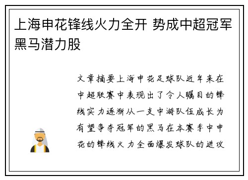 上海申花锋线火力全开 势成中超冠军黑马潜力股