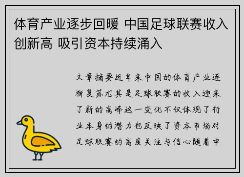 体育产业逐步回暖 中国足球联赛收入创新高 吸引资本持续涌入
